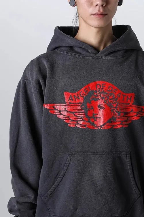 SAINT Mxxxxxx ANGEL HOODIE/BLK Angel Rebirth Crack Printed Retro Distressed Hoodie Assute dyeing, full-length spray-on fade, heavy fermentation wash, NEW VINTAGE texture, factory four-needle and six-thread workmanship, boneless patchwork, more comfortable to wear, genuine level crack print/accessories restored